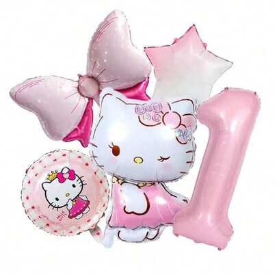 5pcs New KT Cat Foil Balloons, Floating Balloons For Birthday Party Decoration, Cute For Girls