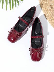 新款玛丽珍鞋，法式蝴蝶结装饰，红色荷叶边皮革平底鞋 - 酒紅色 - 查看 2