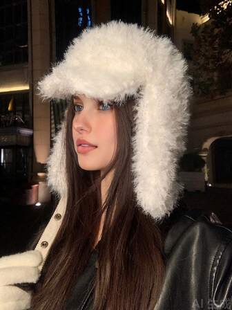 1pc Women White Plush Ear Warmer Trapper Hat, Elegant Retro Streetwear Warm Ski Cap Suitable For Outdoor, Skiing, Cycling, Travel, Party And Daily Use, Autumn/Winter