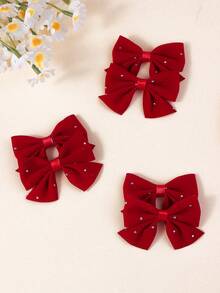 6pcs/Set Teen' Red Rhinestone Bow Hair Clips, Gift Choice For Valentine's Day - Multicolor - View 5