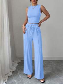 Women Summer 2 Piece Outfit Sleeveless Crop Top Elastic High Waist Wide Leg Pants Ribbed Knit Suit Matching Set For Casual Going Out Holiday Vacation Beach Outfits