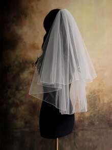 1件极简双层蕾丝边新娘头纱发夹，婚纱派对拍照配饰 - 白色 - 查看 4