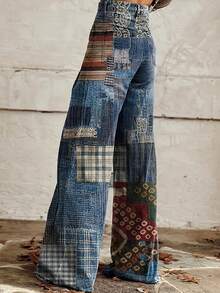 Women's Fashionable Loose And Comfortable Plus Size Jeans, Casual Multifunctional Denim Pants, Retro Bohemian Floralt Design Denim, Women's Blue Patch Jeans Printed Casual Wide Leg Pants 3D Printed Retro Women's Clothing And Denim Jeans - màu đen - Xem 4