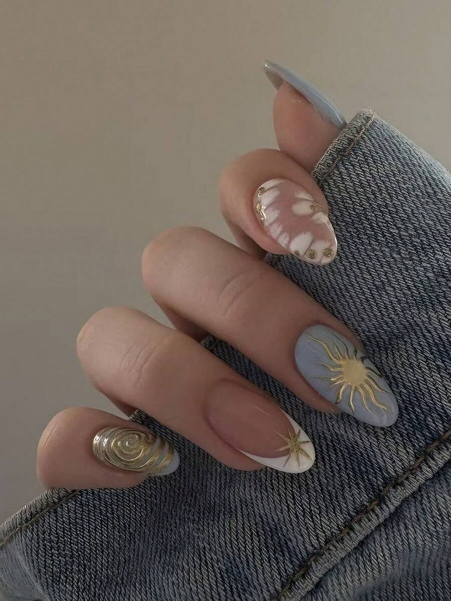 24 miếng dán móng tay hình hạnh nhân cỡ trung bình, móng kiểu Pháp màu xanh dương với kim tuyến vàng, họa tiết mặt trời và ngôi sao, phong cách tối giản, phù hợp cho phụ nữ và bé gái sử dụng hàng ngày, phụ kiện làm móng theo phong cách lễ hội Trung Đông. - Nhiều màu - Xem 1