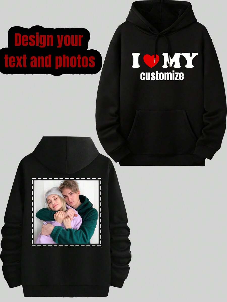 Customized Men's Hoodie With Heart Text And Photo Print On Back, Exclusive Valentine's Day Gift - Black - View 1