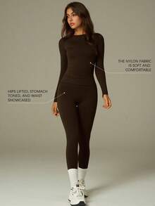 UONNOU 舒适塑身瑜伽两件套 | 长袖上衣 + 高腰紧身裤，适合日常运动 - 咖啡棕 - 查看 4