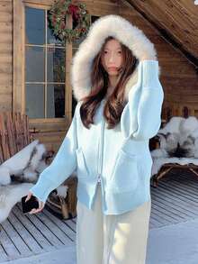 女士柔软休闲拉链针织开衫，带人造毛领连帽衫外套，秋冬季 - 天空藍 - 查看 2