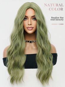 绿色长卷发假发，26英寸，中分刘海，逼真头皮，耐热纤维材质，适合女性日常时尚佩戴、节日聚会、婚礼派对、万圣节、圣诞节、角色扮演、Y2K冬季休闲街头风等多种场合。 - 綠色 - 查看 7