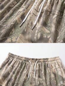 Pantalones cortos con cordón en la cintura y estampado tropical para hombres - Caqui - Ver 3