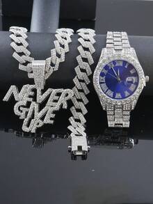 1 套 Bling Bling“永不放弃”吊坠项链、链、手链、男士手表、经典配饰,馈赠亲朋好友的绝佳礼物 - 紅色 - 查看 39