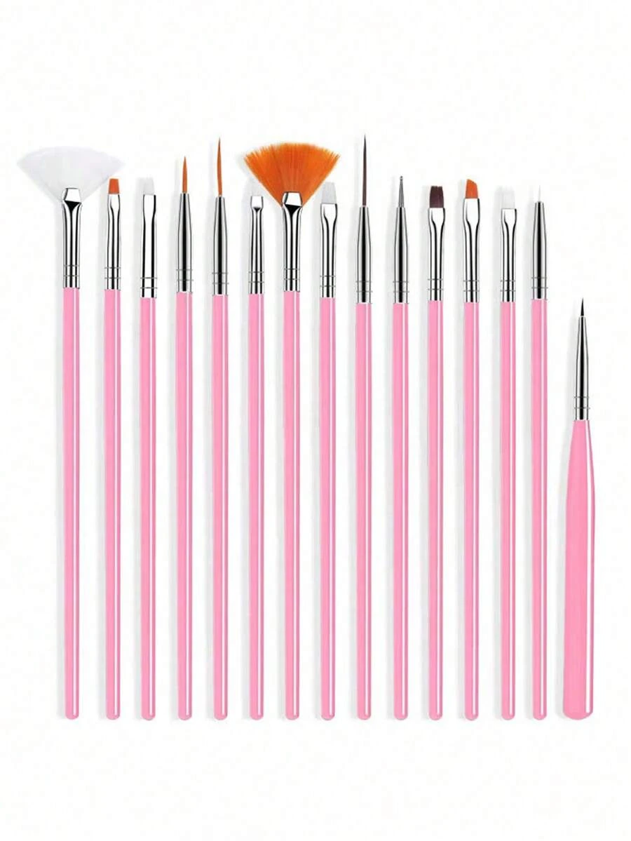 15支装亚克力美甲笔套装，包含15支扇形笔和细节笔，颜色有粉色、白色和黑色，是专业美甲沙龙和家庭DIY美甲设计的完整工具套装。 - 彩色 - 查看 1