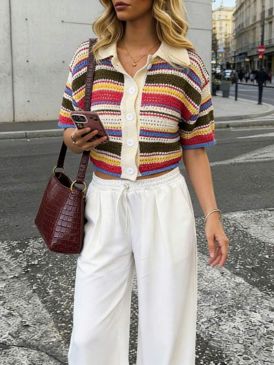 Spring/Summer Women's Casual Elegant Fashion Knit Cardigan With Color-Block Rainbow Stripes, Lapel Collar, And Button Design - Multicolor - View 1