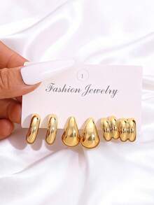1 Set Fashionable CCB Geometric Pattern Earrings Set, Casual Everyday Wear, Suitable As Gift For Friends On Holidays And Birthdays - Yellow Gold - View 7