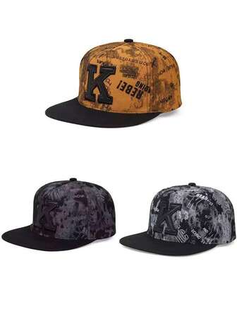 3 piezas/1 pieza Gorra de béisbol ajustable con bordado de letra K, gorra de ala plana de moda estilo hip hop, cómoda para uso casual al aire libre, unisex