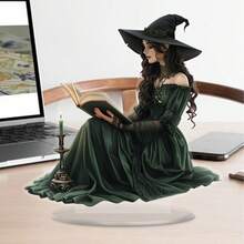 Bruja encantada con vestido verde oscuro en exhibición acrílica - Perfecto para la decoración del hogar y la oficina, regalo de Navidad ideal con soporte incluido