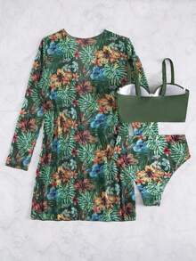 Women's Bikini Swimsuit Set + Kimono Beach Cover-Up, 3 Bikini Sets With Plant Print And Kimono For Summer At The Beach - màu xanh lá - Xem 4
