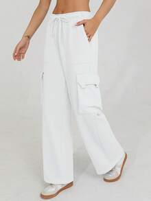 New Casual Loose Fit Elastic Waist Wide Leg Sweatpants, Thicker Thermal Lined, Versatile & Slimming - 白色 - 查看 2