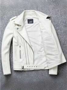 PU Leather Motorcycle Biker Jacket - Unisex Lapel Collar Spring Fall Streetwear Coat - trắng - Xem 2
