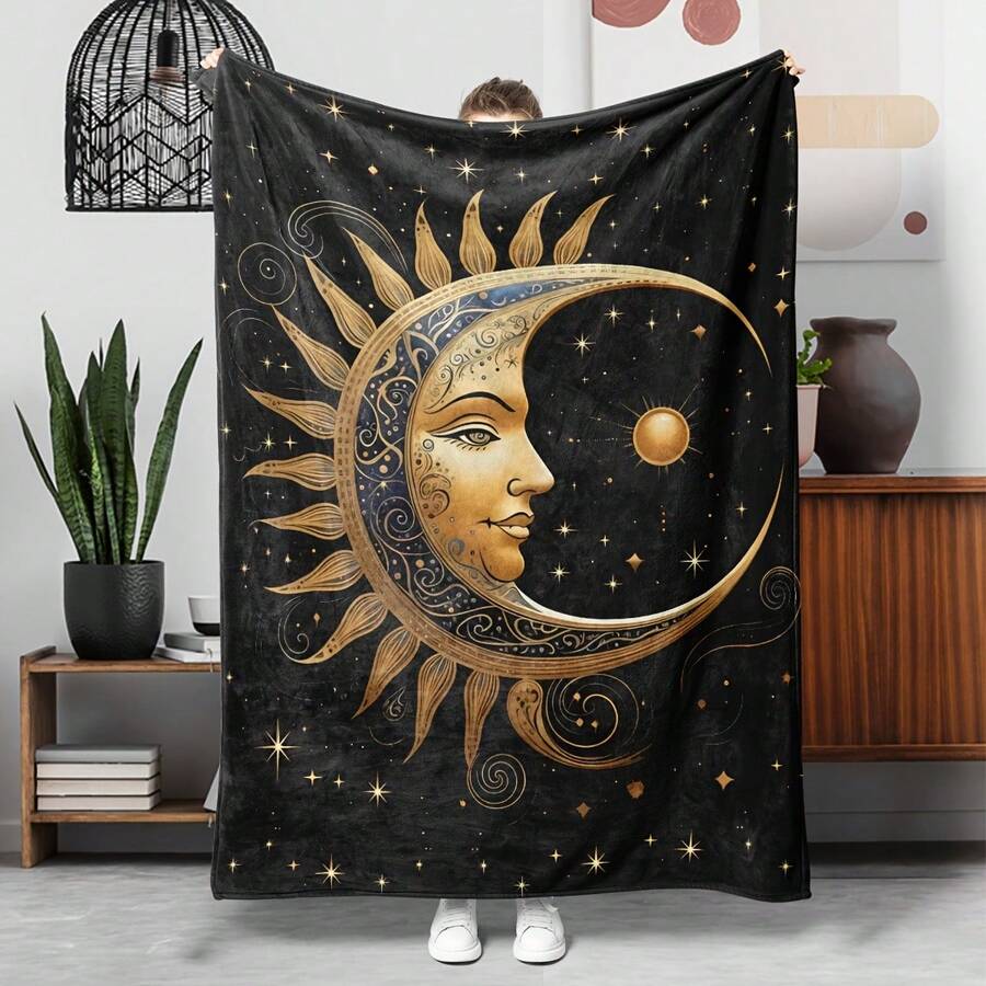 Retro Moon, Star And Sun Printed Blanket,Super Soft Flannel Printed Blanket,As Birthday Gifts, Family, Wedding, Souvenir Blankets, Polyester Blankets Suitable For All Seasons, Washable, Machine Washable, Lightweight, Breathable, Comfortable, Warm, Unique, 280gsm For Him, Her Personalized Ideal Gifts For Her, Him, Family, Boyfriend, Girlfriend, Father, Family, Mother, Lover, Daughter, Son, Grandfather, Grandmother, Teacher,Doctor, Nurse,Friend, Classmate, Pet. Perfect Nap, Camping, Travel, Home, Daily Life, Office Decoration, Birthday, Anniversary, Valentine's Day, Thanksgiving, Graduation Season,Christmas, Halloween, Mother's Day, Father's Day, Wedding, New Year Gifts ,Sofa,Bed,Car,Bedroom,Living Room,Office, Outdoor Camping, Beach,Wall Decoration - Nhiều màu 8 - Xem 1