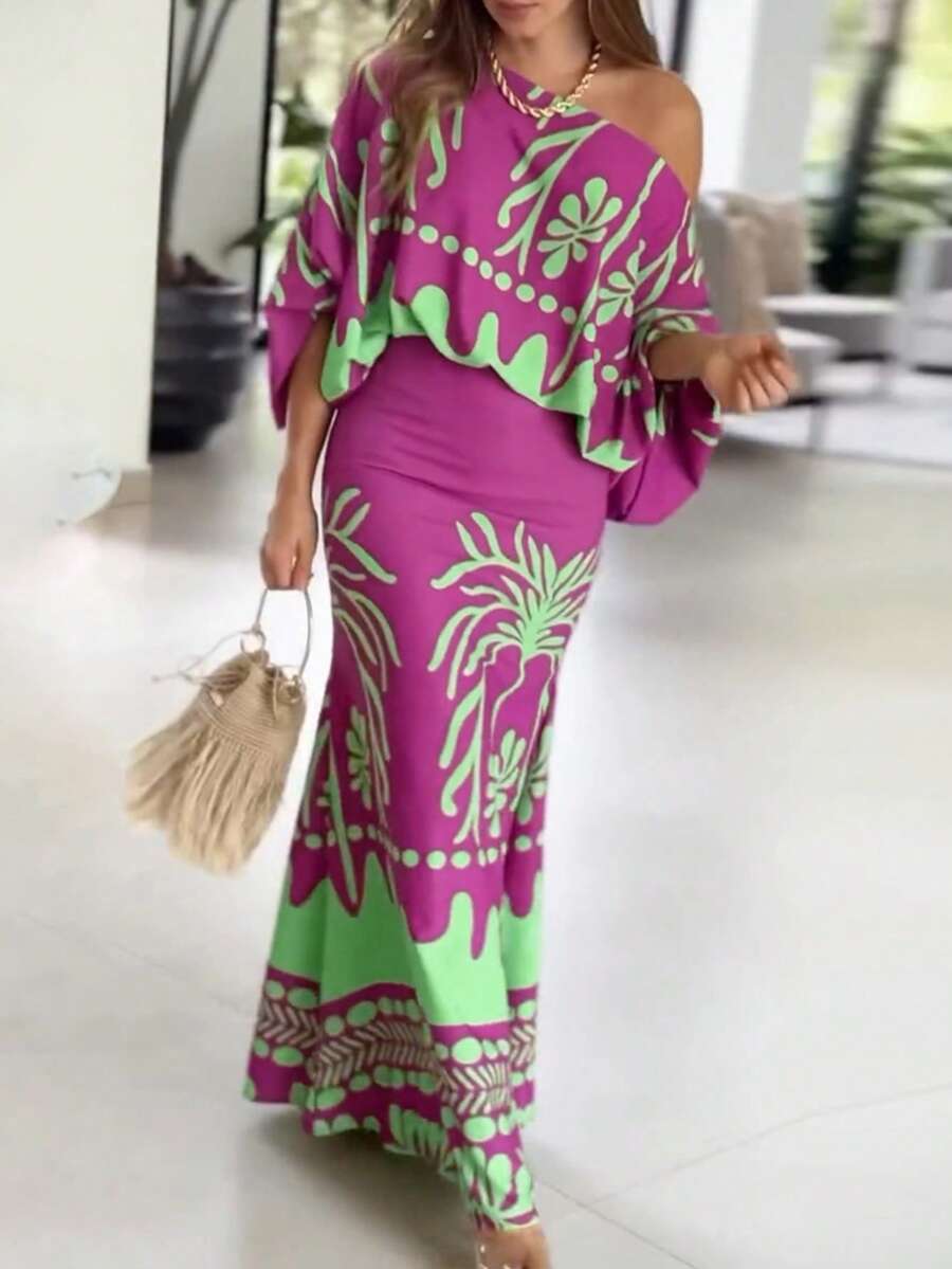 ChicMe Bộ đồ nữ 2 mảnh in họa tiết nhiệt đới: Áo trễ vai tay phồng và chân váy maxi đuôi cá cạp cao, kiểu dáng thanh lịch cho kỳ nghỉ. - Màu tím - Xem 1