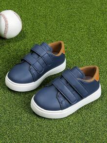 1 Pair Children's PU Leather Fashion Lightweight Comfortable Little Girls Shoes, Spring/Autumn Embroidered White Low-Top Sneakers - Navy Blue - View 4