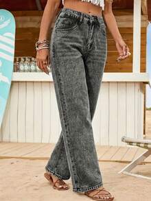 Fashion Women Loose Fit Straight Leg Denim Pants Casual Retro Versatile Daily Commute Trousers - Grey - View 4