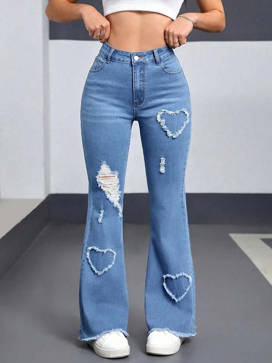 Women's Heart Frayed Ripped Flare Jeans, Medium Wash Blue Denim Y2K Pants - 淺藍色 - 查看 1