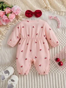 新生女宝宝可爱卡通樱桃图案圆领纽扣荷叶边撞色蝴蝶结长袖连体衣，配发带