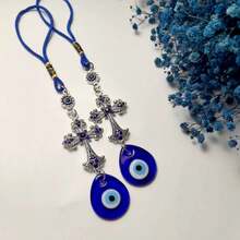 1件装时尚邪眼绿松石蓝眼睛水钻装饰十字架吊坠，汽车幸运饰品 - A - 查看 4