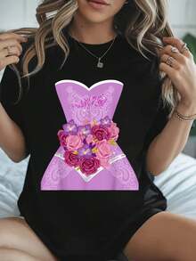 100% Algodón 6Simple Vestido de Novia regalo para despedidas de soltera regalo Camiseta Impresa Camiseta de Algodón para Verano, Top de Manga Corta Suave para Mujeres, Camiseta Estilosa y Cómoda para Mujeres Camisetas Gráficas - Negro - Ver 1