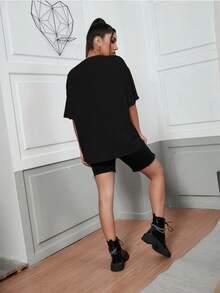女士纯色圆领短袖宽松T恤，100%纯棉 - 充满邦乔维风格的夏季必备单品 - 黑 - 查看 4