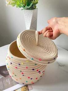 1pc/2pcs Dotted Rope Woven Storage Basket With Lid For Desk And Living Space - Versatile Desktop Organizer Box For Keys, Small Parts, Jewelry, Office Supplies, Craft Accessories; Elegant Home Decor, Boho Charm, Rustic Charm Storage Solution, Rope Weave, Lightweight Yet Sturdy, Keeps Clutter Out Of Sight, Ideal Gift For Home Organization, Entryway, Kitchen Countertop, Closet, Living Room, Study, Dorm Room, Modern Cozy Styling