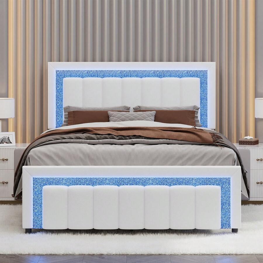 Bedroom Furniture, LED Bed Frame With Velvet Upholstered Headboard, Queen Bed Frame With Modern Diamond Headboard Adjustable, Bedroom Deccor, No Box Spring Needed, Easy Assembly, (USB LED Strip) - White - View 1