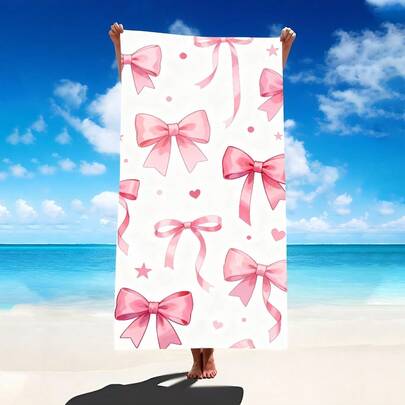 1pc Pink Bow Beach Towel, Super Soft Fiber Extra Large Beach Blanket, Super Absorbent Bath Towel, Suitable For Travel, Swimming Pool, Diving, Surfing, Yoga, Camping, Available In Multiple Sizes, Beach Accessories Bathroom Decor