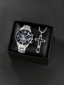 1 Set Stylish Set: Quartz Watch (Stainless Steel Strap), Hip-Hop Style Necklace, Ideal Holiday Gift