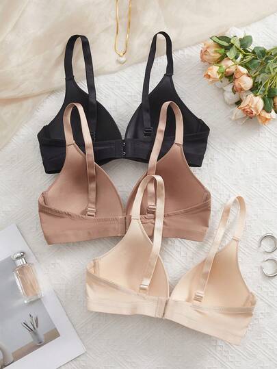 3pcs V-Neck Wireless Soft Cup Solid Color Bras For Women, Everyday Wear