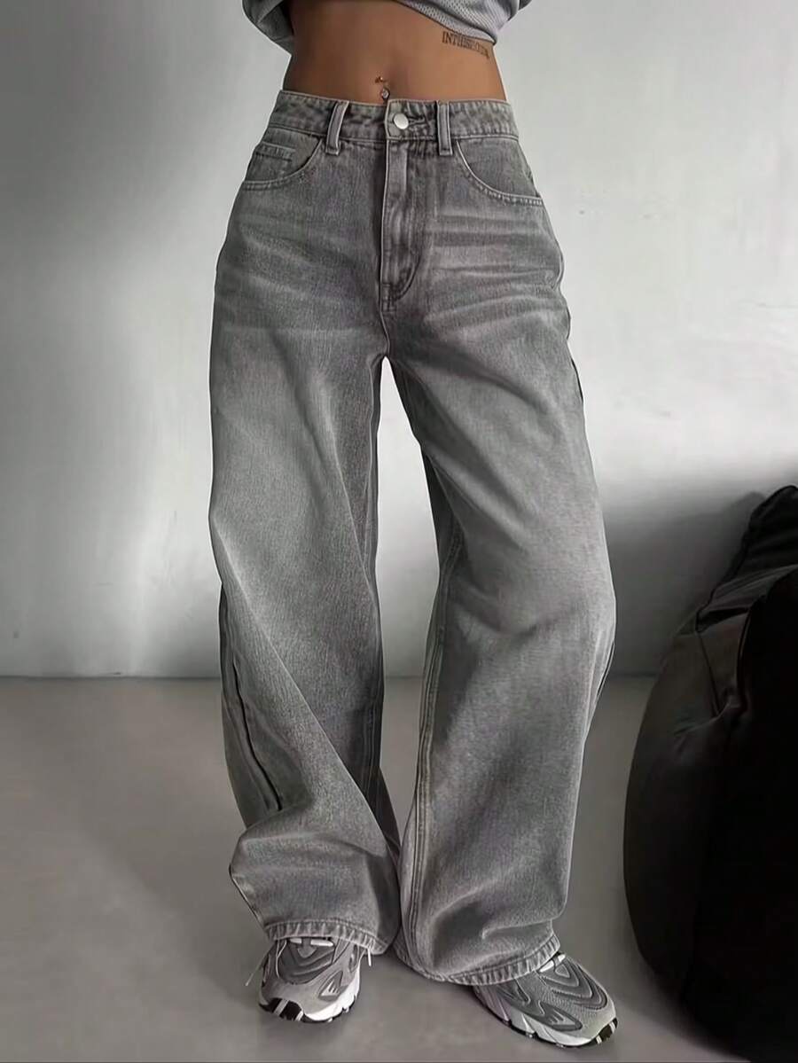 Teen Girls' Casual Versatile Straight Leg Jeans With Pockets - Grey - View 1
