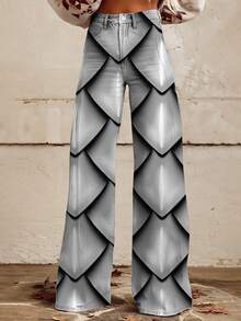 [Imitation Denim][Imitation Faux Denim]Autumn And Winter Fashion 3D Printed Casual Mature Straight Slim Wide-Leg Faux Denim Women'S Long Pants, Loose-Fitting Long Pants For Women, High-Waisted Stretchy Long Pants For Women, Long Pants For Women - 黑色 - 查看 2