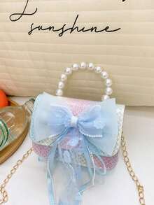 1pc Girls' Bowknot Magnetic Closure Fashion Pearl Handbag Shoulder Bag, Suitable For Daily Use All Seasons - A - View 11