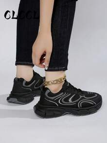 2025 Women's New Mesh Thick-Sole Wedge Sneakers, Lightweight Casual Lace-Up Fashion Sneakers, Black - Black - View 4