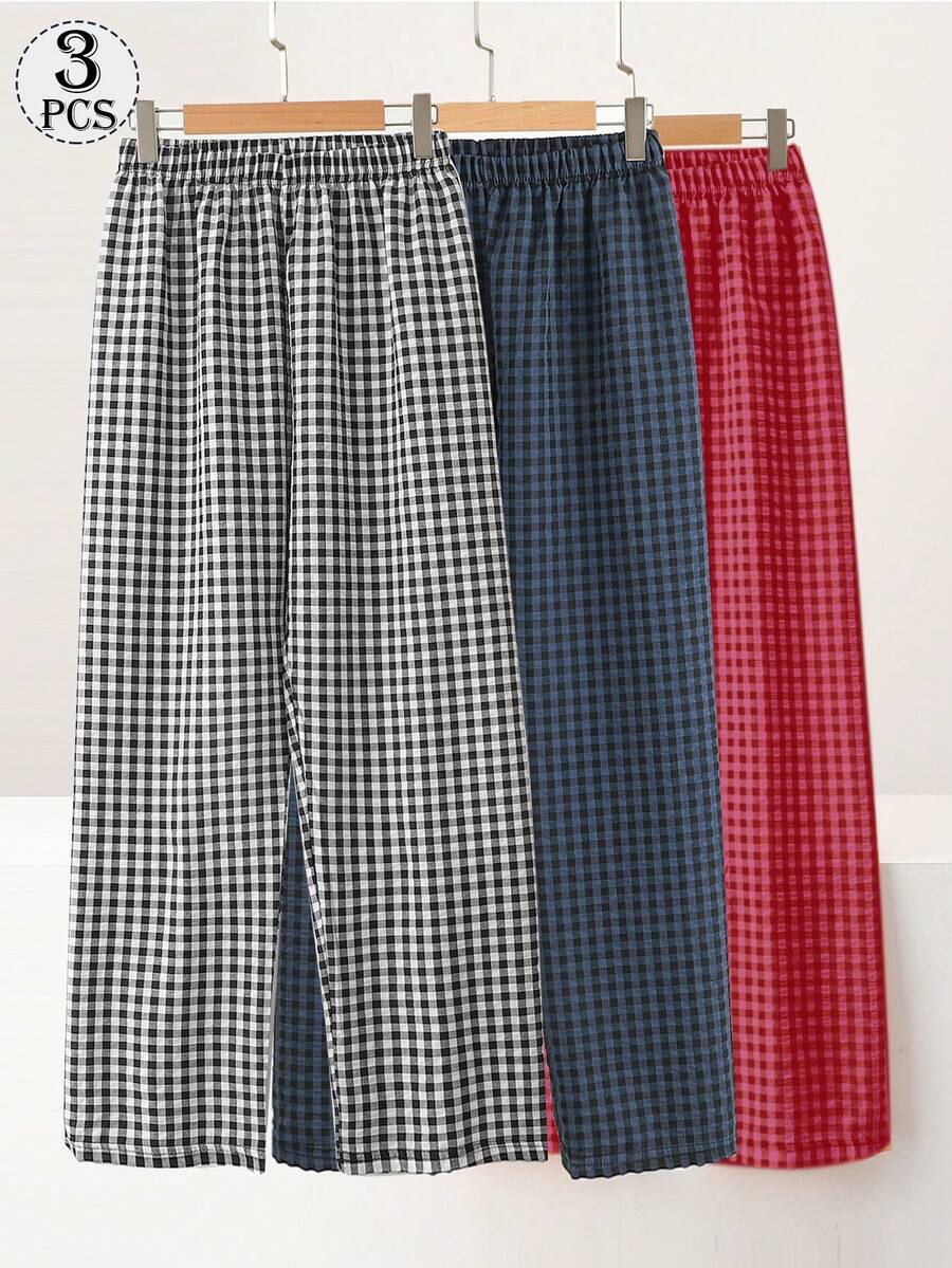3pcs Plaid Loose Casual Cotton Pants For Women, Candy Color, High Waist, Straight Leg, Lightweight Summer - Multicolor - View 1