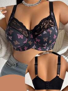 Plus Size Women Non-Wired Lace Patchwork Breathable Non-Slip Supportive Adjustable Strap Seamless Bra, Suitable For Daily Wear In Various Occasions - Black - View 4