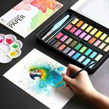 36 Colors Solid Watercolor Paint Set With Water Brush, DIY Painting Supplies For Students And Artists, Professional Watercolor Kit With Portable Blue Metal Box, Multi-Color Solid Mixing Palette - 套裝 - 查看 7