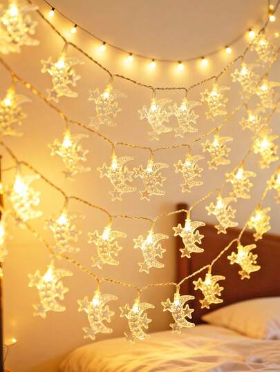 1串1.5/3米室内装饰塑料星月灯串，电池供电，家居装饰星光灯，适用于卧室、墙面装饰、婚礼派对节日装饰、斋月装饰