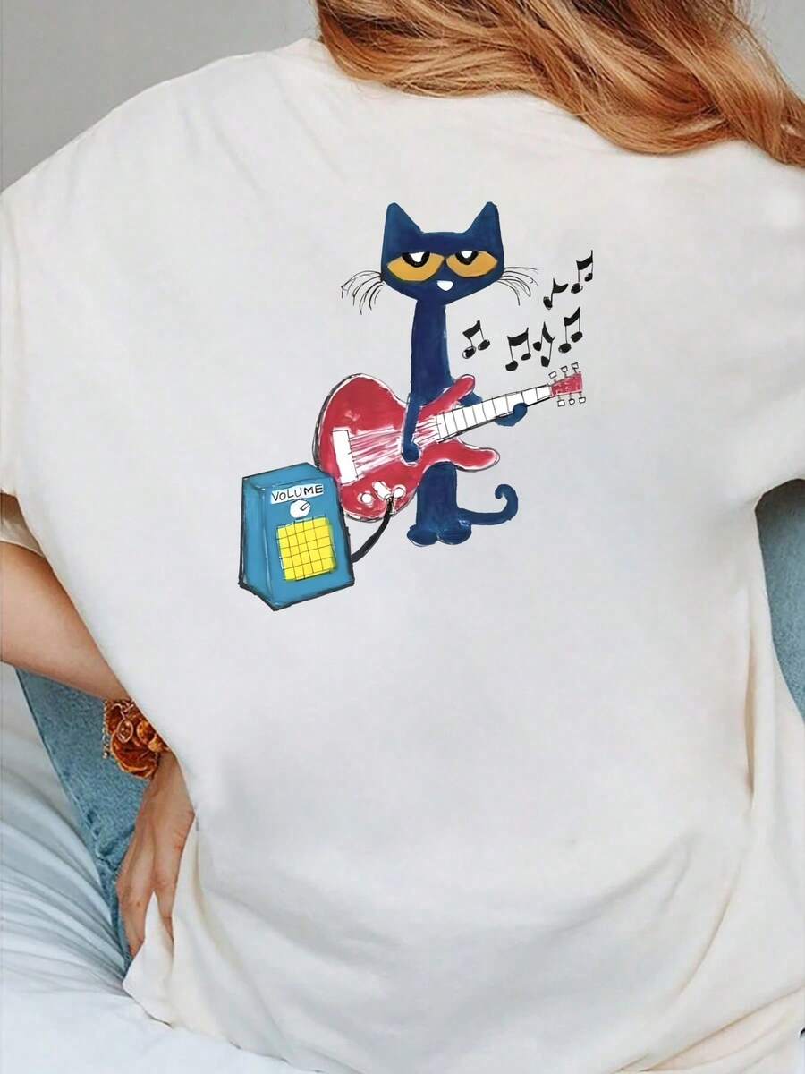 Cool Cat Playing Guitar Design,Casual Print,Comfortable And Versatile,Pure Cotton 220g Printed T-Shirt,Unisex Style - Mặt sau màu trắng - Xem 1