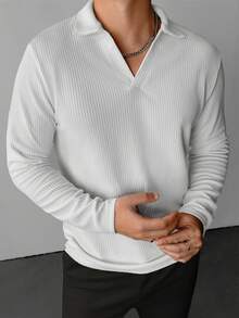 WAIT HIM 男士休闲日常通勤简约纯色罗纹V领Polo衫，春秋季 - 白色 - 查看 5