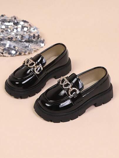 1 Pair Girls Metal Heart Decor Waterproof Lightweight Flat Loafers, Princess Oxford Shoes, British Style