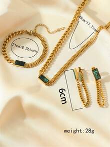 4 cái/bộ Thép không gỉ Unisex Bộ vòng tay khảm đá Cubic Zirconia màu xanh lá cây kèm vòng tay và hoa tai, Bộ trang sức chuỗi hai lớp phong cách Hip Hop, thích hợp để đeo hàng ngày - bộ đồ - Xem 10