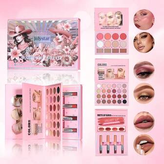 Julystar 3-In-1 Pink Flip Makeup Book, Portable All-In-One Palette For Basic Eyeshadow, Blush, Lip Gloss & Bronzer, 5-Minute Face Essential, Space-Saver For Dorm & Travel