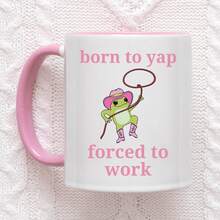 天生爱唠叨，被迫工作——趣味青蛙牛仔咖啡杯 - 粉白双色陶瓷杯，可爱牛仔青蛙图案，讽刺语录马克杯，11盎司新奇礼物，适合上班族/幽默爱好者，可放入洗碗机/微波炉，家用/办公桌茶具